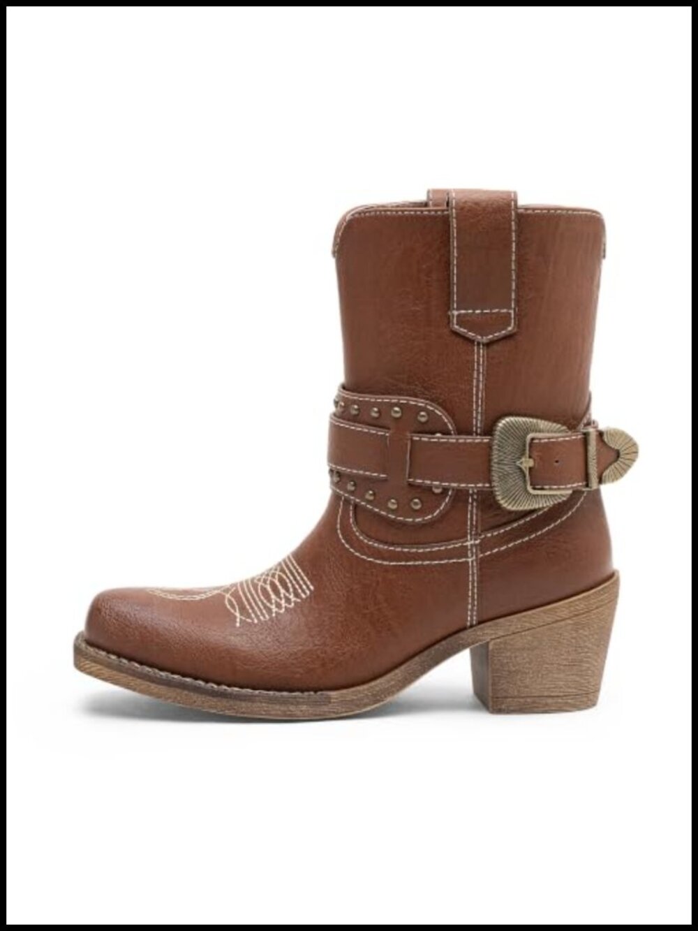 Women's Faux Leather Ankle Boots Square Toe Chunky Block Heel Western Booties